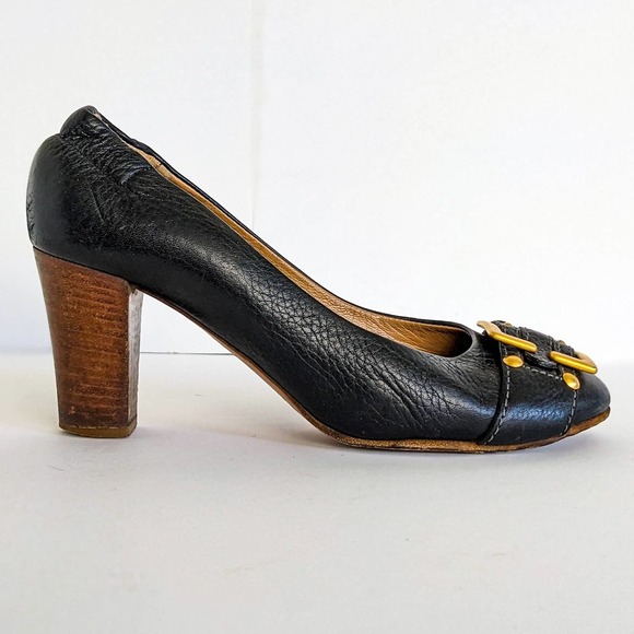 Chloe Black Heels with Gold Buckle and Wooden Heel - Picture 10 of 15